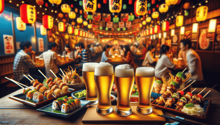 The image captures a vibrant and energetic scene inside a Japanese izakaya, centered on Japanese beer and traditional izakaya cuisine. In the foreground, a variety of glasses brim with golden Japanese beer, each glass showcasing a unique shade and bubbly top, symbolizing a selection of different brews. Encircling these glasses are assorted plates filled with classic izakaya fare, including savory grilled skewers, sushi rolls, and crispy fried tempura. In the background, the lively ambiance of the izakaya comes alive with its dynamic decor, colorful paper lanterns, and patrons happily savoring their food. This scene exudes a celebratory and welcoming feel, perfectly encapsulating the dynamic spirit of a busy Japanese pub, with an emphasis on delightful beer and scrumptious bite-sized dishes.