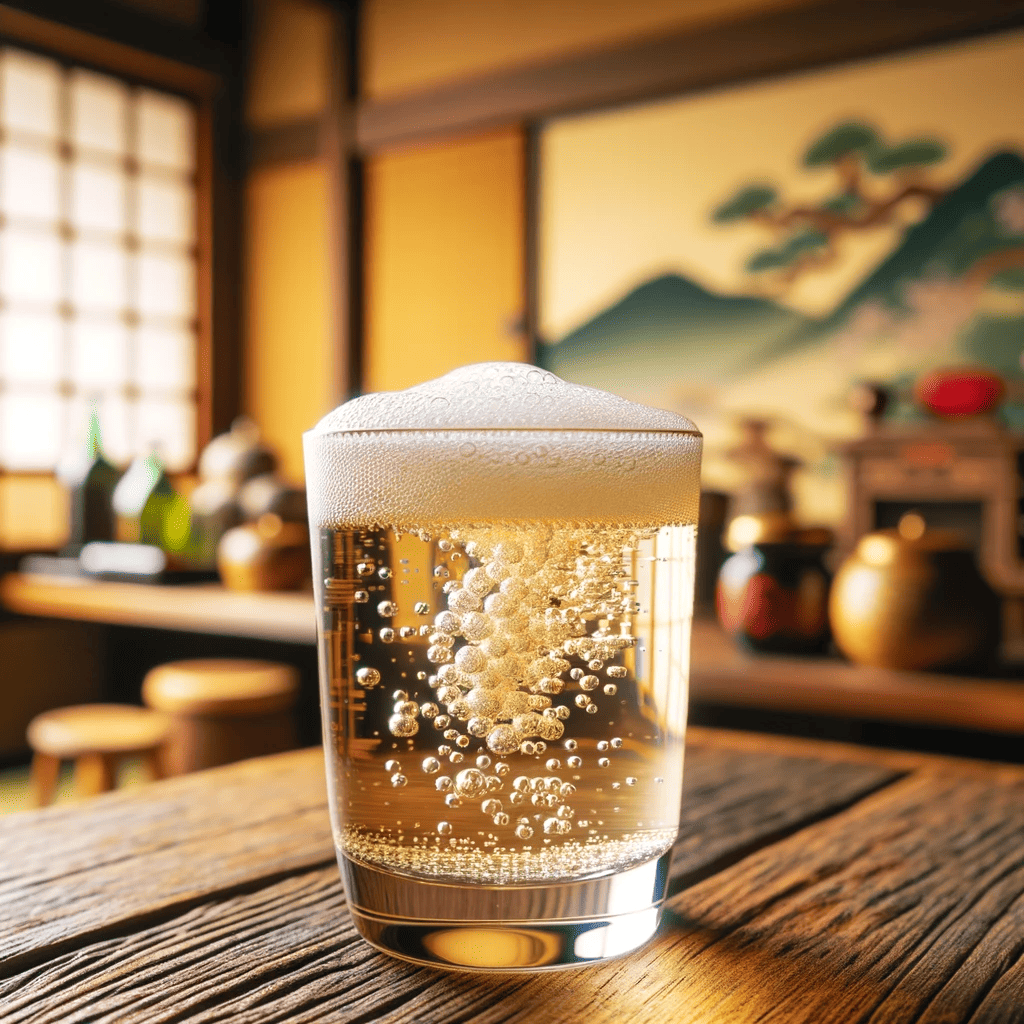 Photo of a chilled glass filled with 発泡酒 (happoshu), with tiny bubbles rising to the surface and a frothy head, placed on a wooden table with a backdrop of a traditional Japanese setting.


